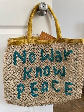 JACKSON Natural Jute Tote with Yellow Handles and Teal Pattern